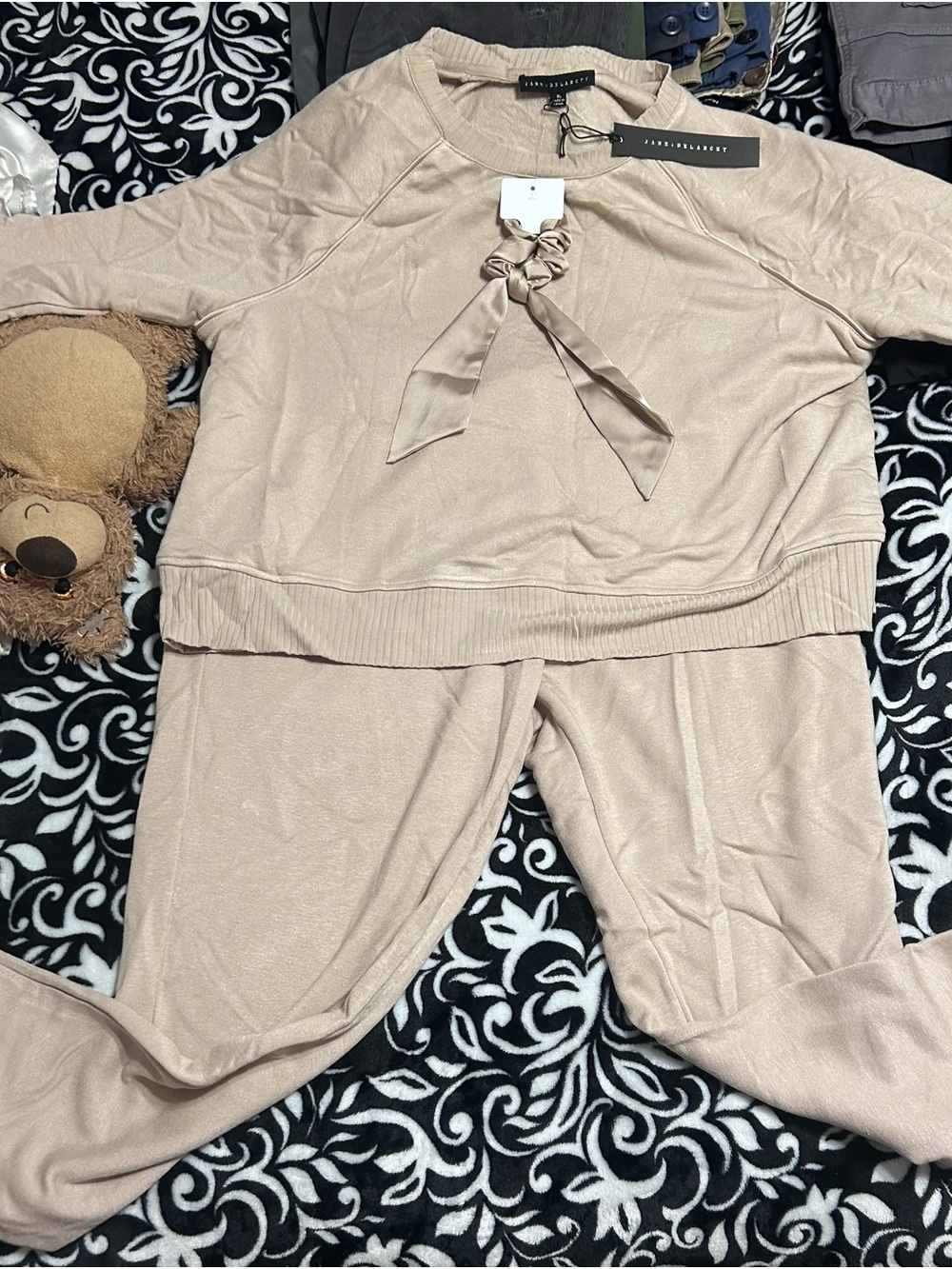 Jane and Delancey Light Beige Pajama Set with Bow Tie Detail